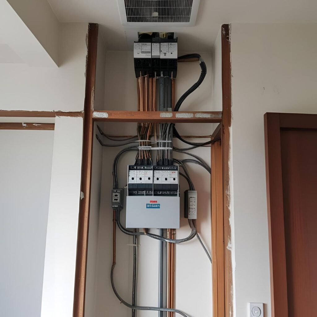 Główny wyłącznik w bloku wyłączony na czas prac przy wymianie instalacji elektrycznej w bloku